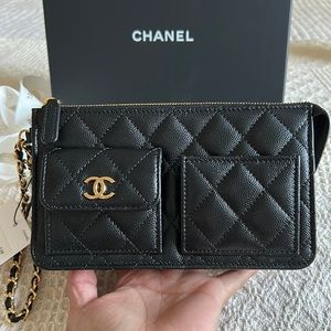 NEW CHANEL 23B So Black Zip Classic Flap Wallet Pearl Lambskin